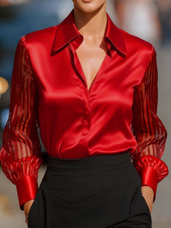 Red collared button-up shirt with sheer striped sleeves and satin finish