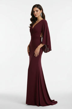 Burgundy batwing sleeve ruched maxi dress, side drape and ankle-length skirt
