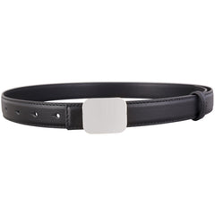 Black leather belt with square buckle, punched holes, and keeper strap