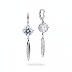 Silver moissanite drop earrings with round stones and oval pavé accents below