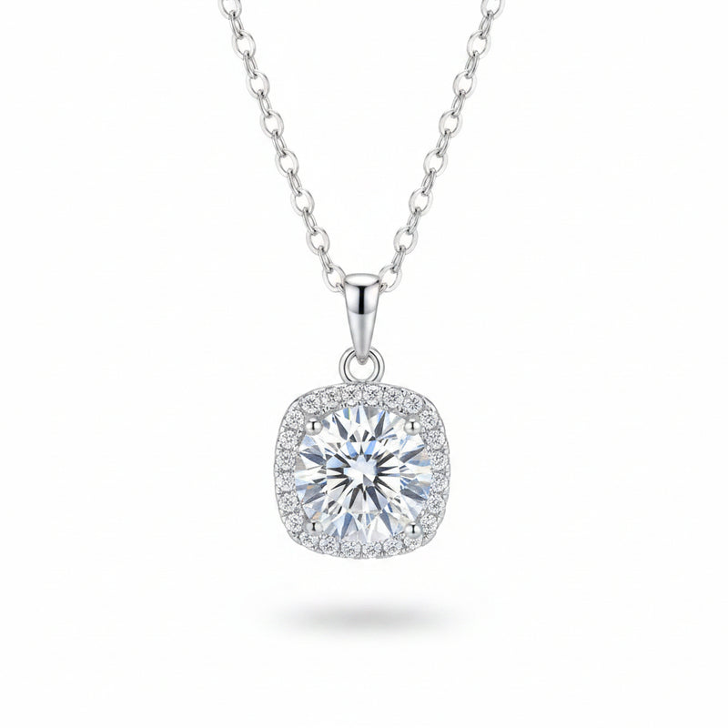 925 sterling silver moissanite pendant necklace with cushion halo and round center stone