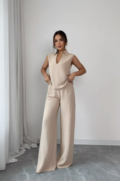 Beige sleeveless V-neck top and wide-leg pants set, matching long wide trousers