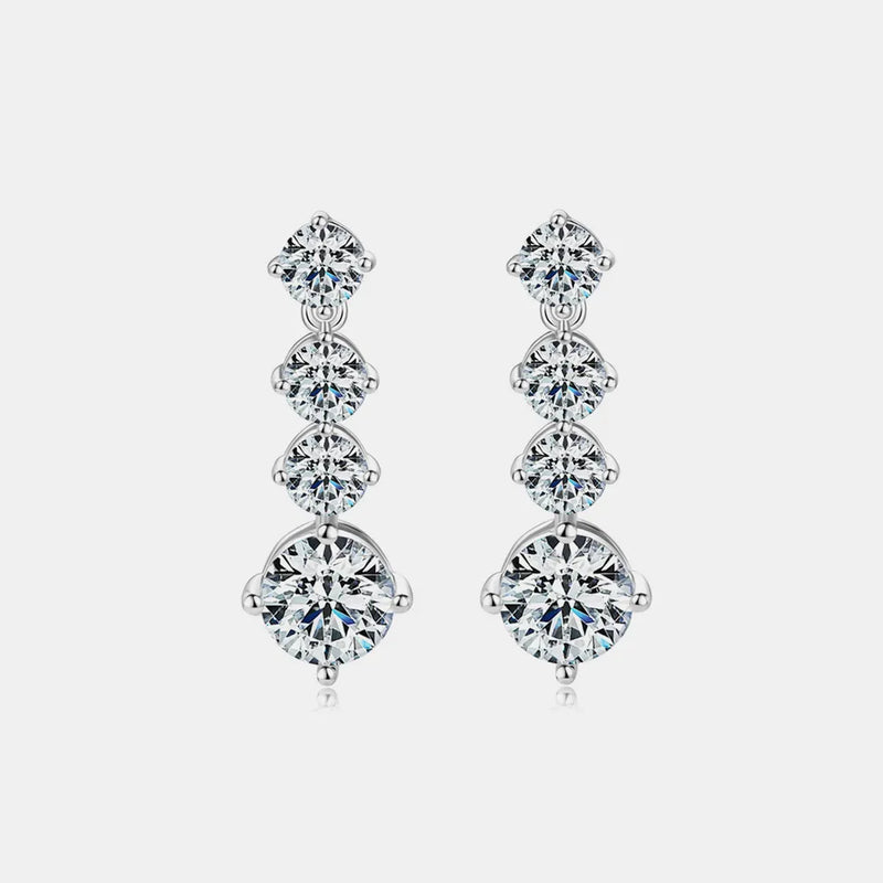 925 sterling silver drop stud earrings featuring four round moissanite stones, close-up