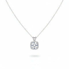 Cushion-cut moissanite pendant with small halo and pavé border on chain