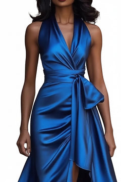 Sleeveless satin high-low dress in royal blue, V-neck wrap, ruffled drape hem